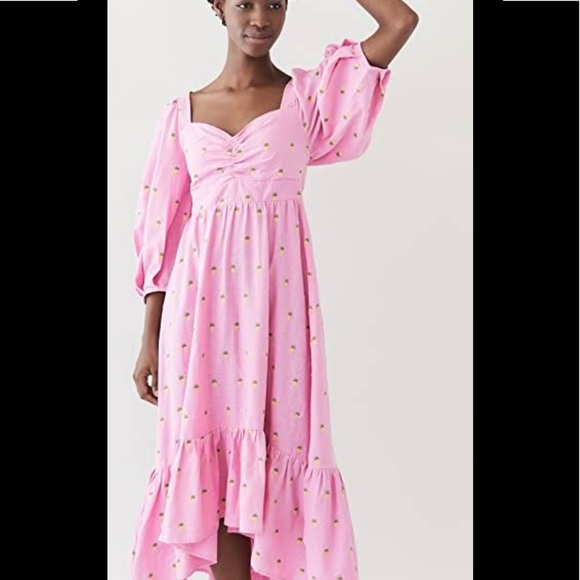 Farm Rio Pink Maxi Dress with Embroidered Pineapples. Puff Sleeves +Ruffle skirt - Picture 4 of 12